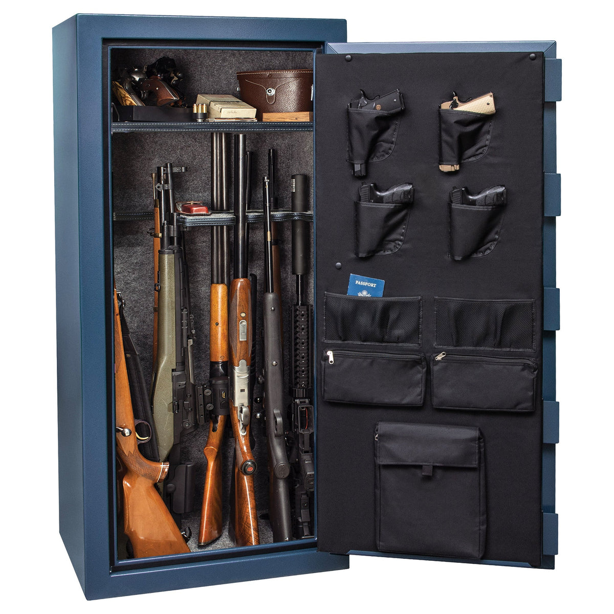 Centurion 24 DLX | 1776 Logo | Level 1 Security | 40 Minute Fire Protection | Dimensions: 59.5&quot;(H) x 28.25&quot;(W) x 20&quot;(D) | Up to 24 Long Guns | Textured Blue | Chrome Electronic Lock - Open