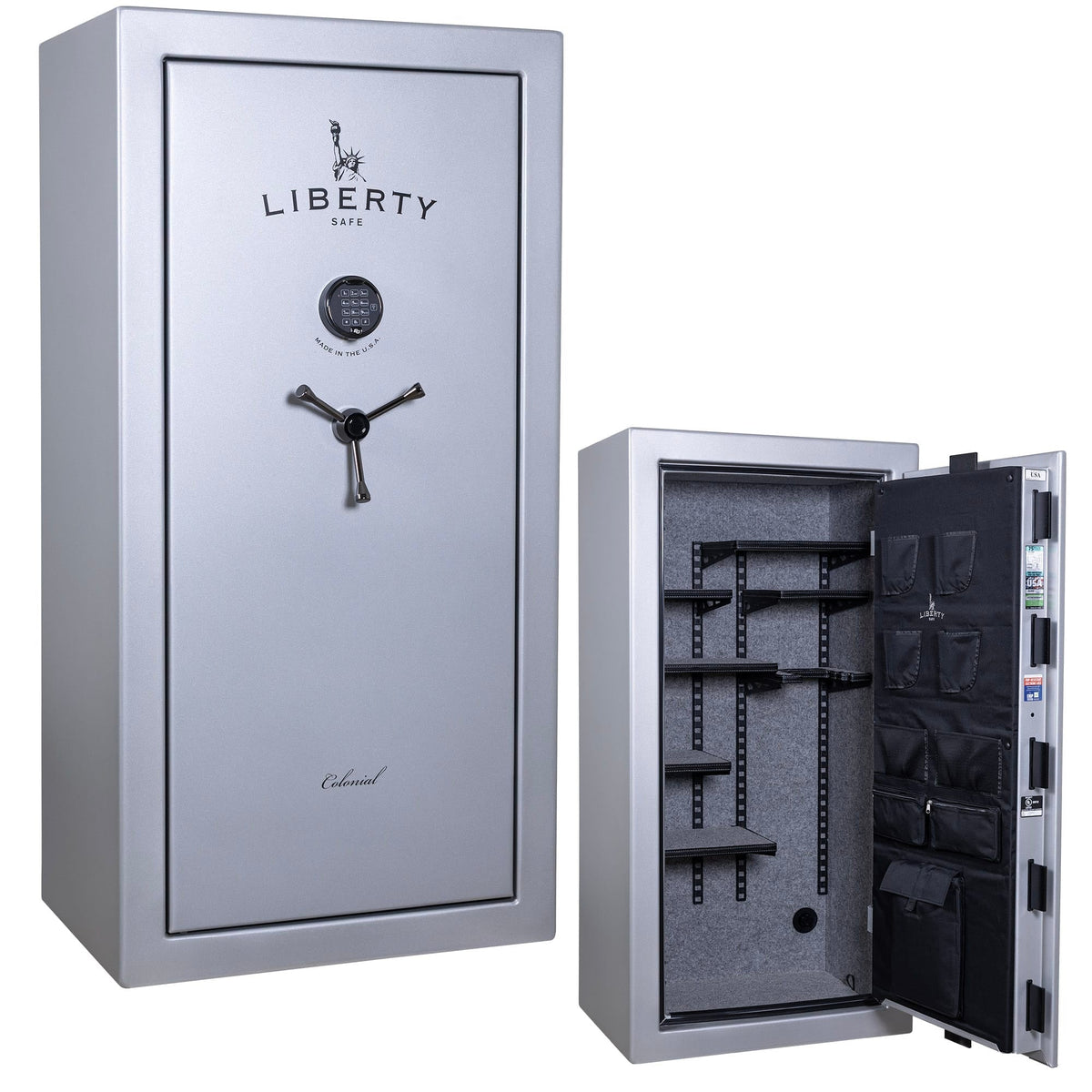 Liberty safe with open door showing interior compartments on a white background | 647346469421