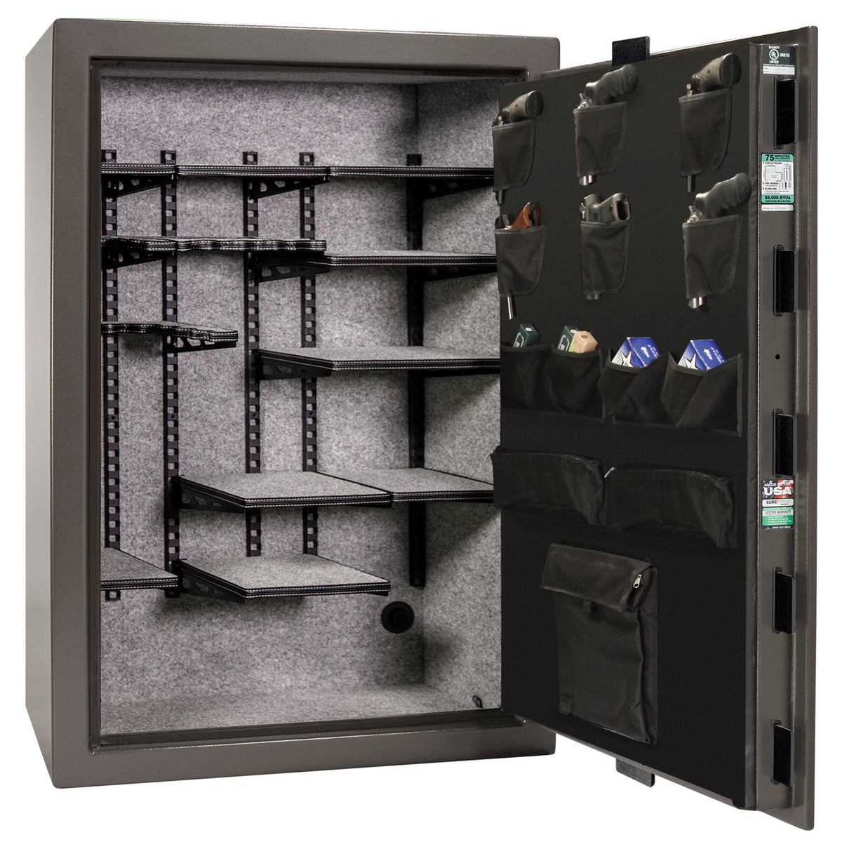 Colonial 35 | Pro Flex Interior | Level 4 Security | 75 Minute Fire Protection | Dimensions: 60.5"(H) x 42"(W) x 22"(D) | Up to 45 Long Guns | Gray Marble | Mechanical Lock - Open