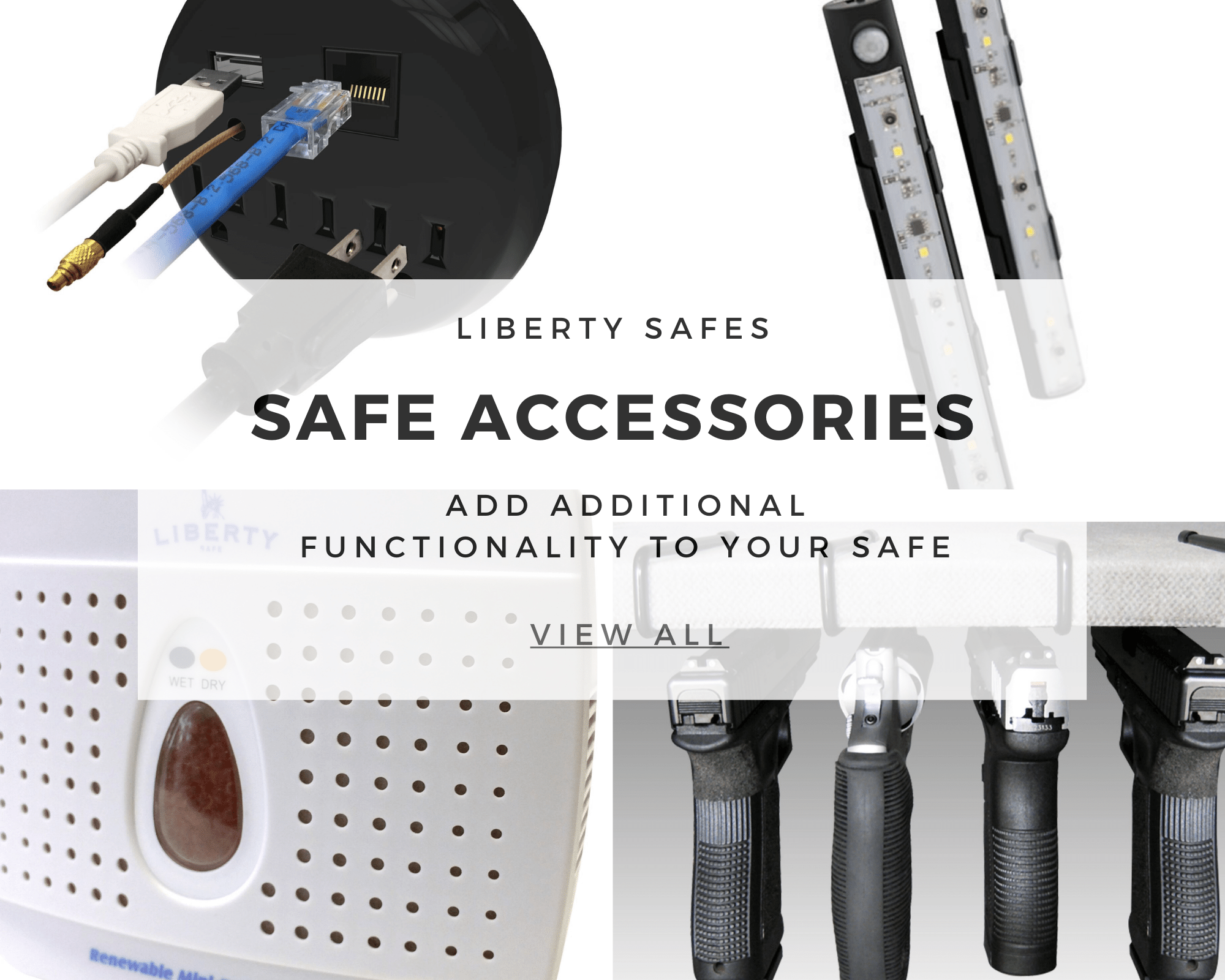 safe accessory text with pictures of dehumidifier, lights, outlet for safes