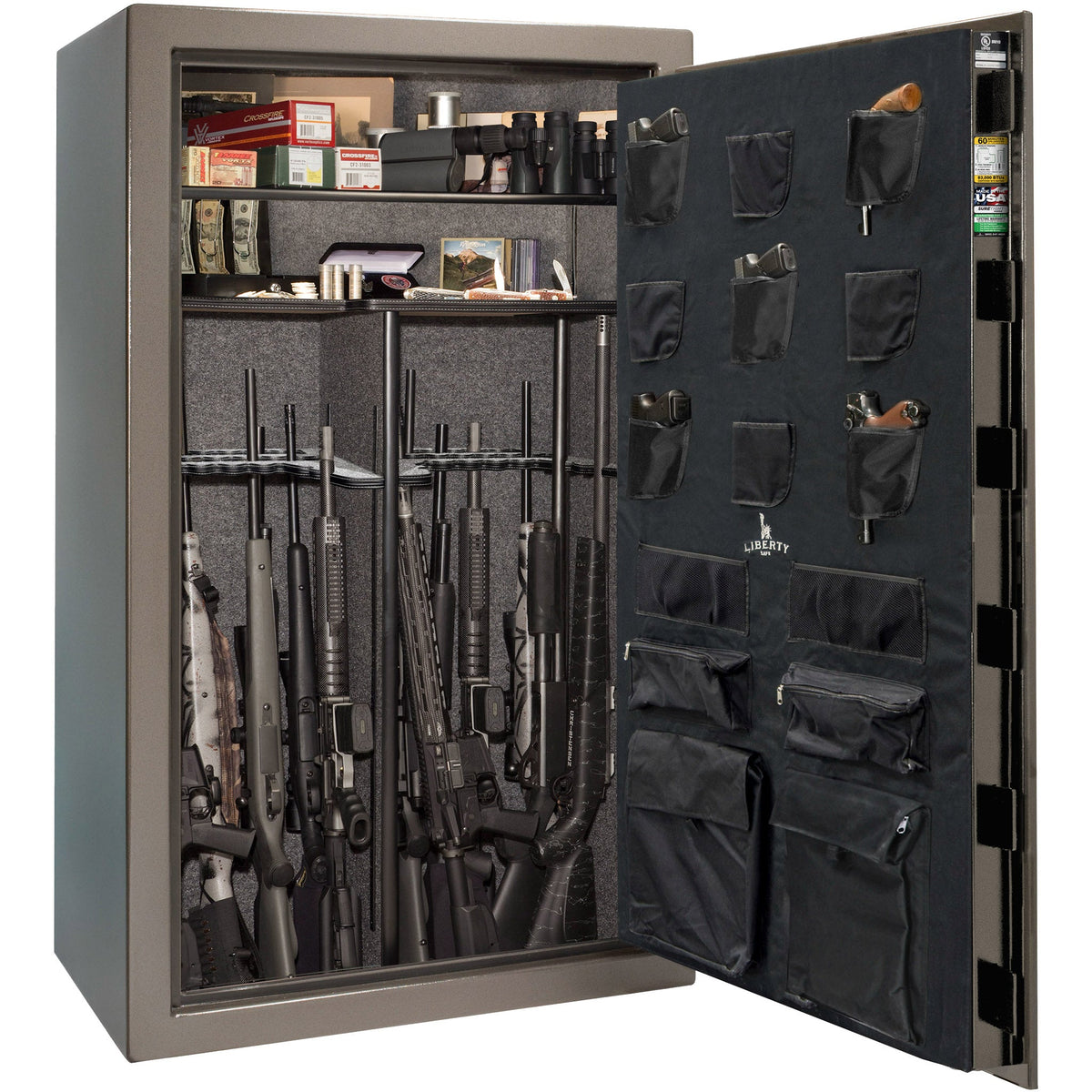 USA 50 | Level 3 Security | 60 Minute Fire Protection | Dimensions: 72.5&quot;(H) x 42&quot;(W) x 27.5&quot;(D) | Up to 50 Long Guns | Gray Marble | Black Chrome Electronic Lock – Open