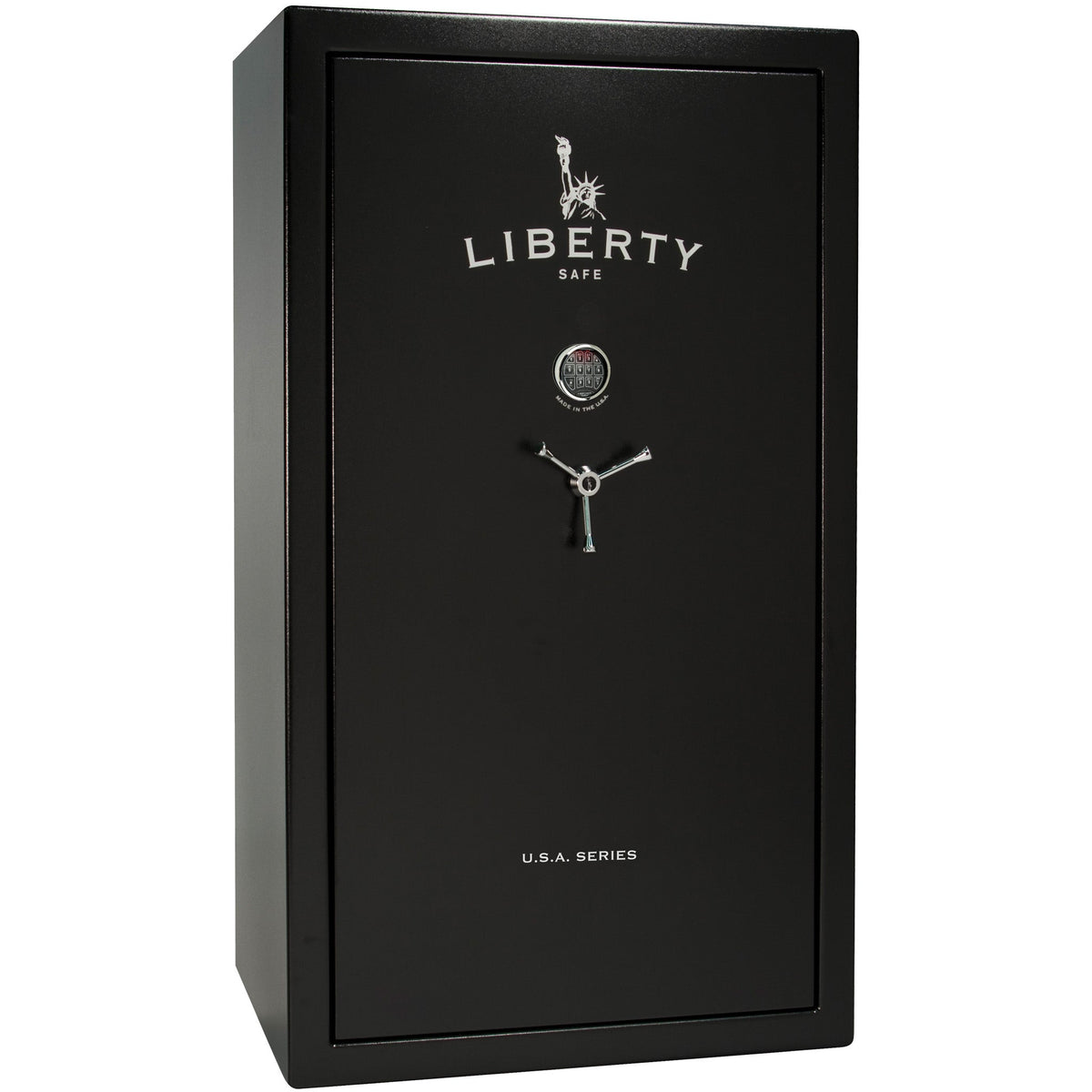 USA 50 | Level 3 Security | 60 Minute Fire Protection | Dimensions: 72.5&quot;(H) x 42&quot;(W) x 27.5&quot;(D) | Up to 50 Long Guns | Textured Black | Chrome Electronic Lock – Closed