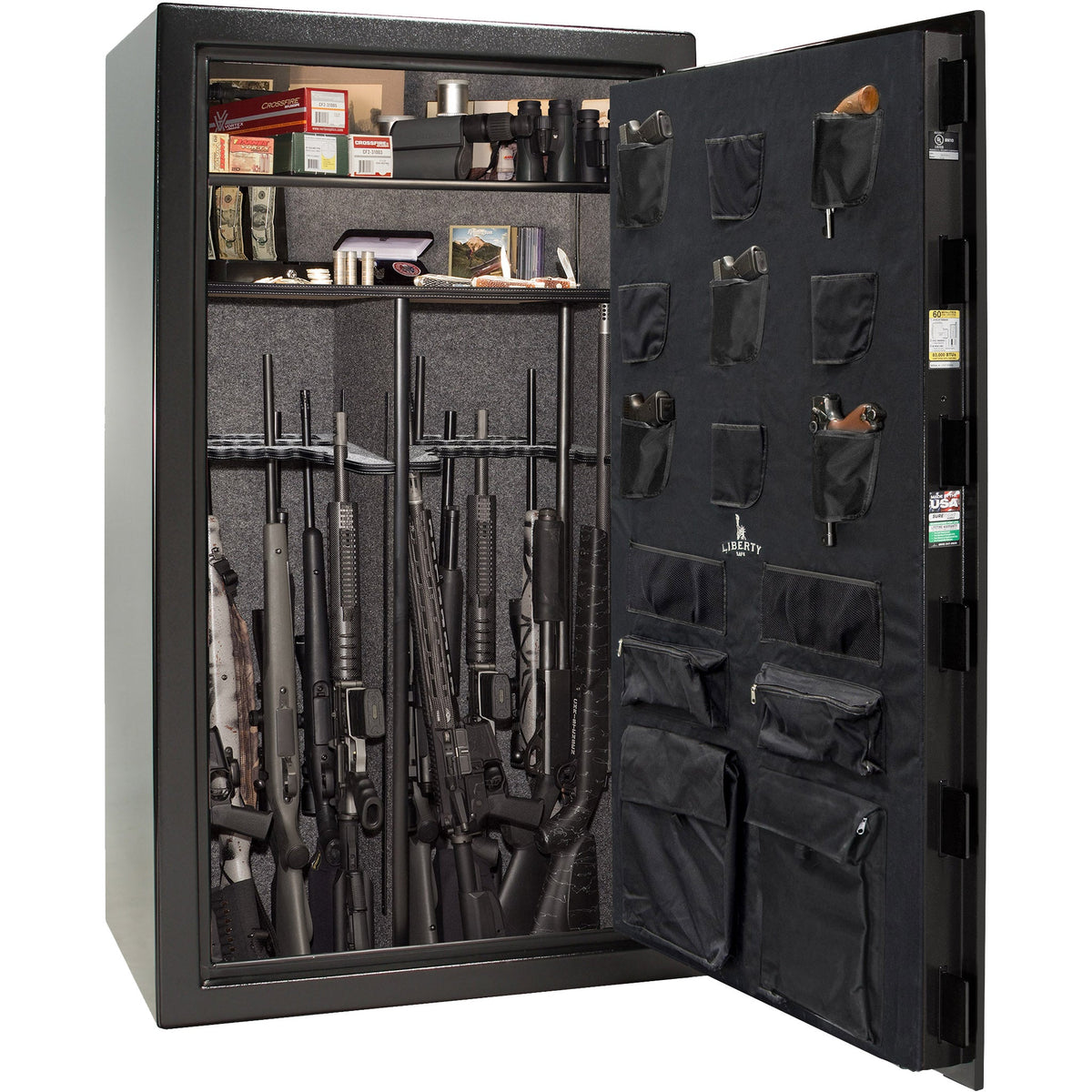 USA 50 | Level 3 Security | 60 Minute Fire Protection | Dimensions: 72.5&quot;(H) x 42&quot;(W) x 27.5&quot;(D) | Up to 50 Long Guns | Textured Black | Chrome Electronic Lock – Open